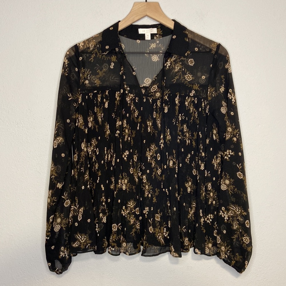 LC Lauren Conrad Sheer Flowy Floral Print Balloon Sleeve Collared Blouse Top XS